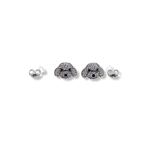Round White and Black Cubic Zirconia Silver Doggy Face Earrings - Picture 9 of 9